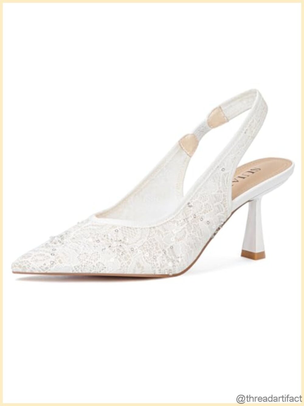 Slingback Kitten Heel Wedding Pumps Lace Mesh Pointed Toe Pearls